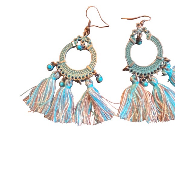 Boho Style Turquoise and Brown Fringe Drop Earrings - Picture 2 of 5